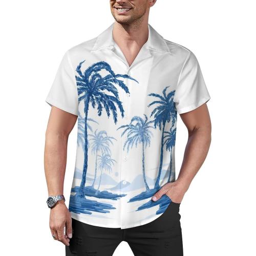 Size L...Black White Coconut Tree Men's Cuban Collar Hawaiian Shirts Short Sleeve Button Down Casual Beach Shirts,
