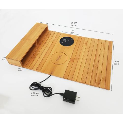 [PJ Collection] Bamboo Sofa Armrest Tray with Wireless Charging and Non-Slip Coaster, Foldable, 15W Fast Wireless Charger, Sofa Armrest Organizer (with Left Side Pocket)