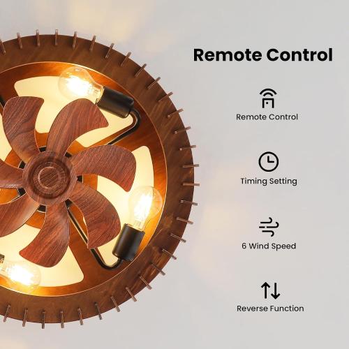 20'' Flush Mount Caged Ceiling Fan with Light, Wooden Low Profile Ceiling Fan with Light and Remote, 6 Speed and Reversible, Farmhouse Bladeless Fan Lights for Bedroom, Kitchen