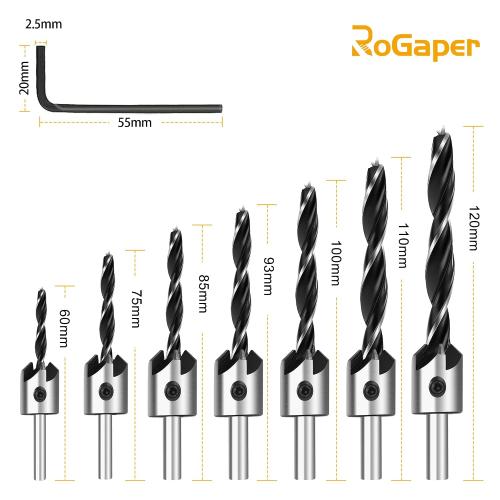 Countersink Drill Bit Set, 7Pcs Sinker Drill Bits M2 HSS, with 1/4 Standard Shank and Allen Wrench, Counter Sink Bit for Woodworking and Carpentry, Pilot Screw Hole Set