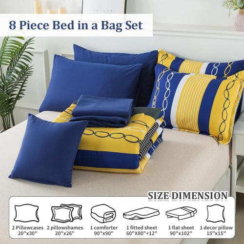 8 Pieces Bed in a Bag Stripe Comforter Set Queen Size,Patchwork Striped Comforter with Sheets Set Soft Microfiber Boho Bedding Sets (Blue Yellow)