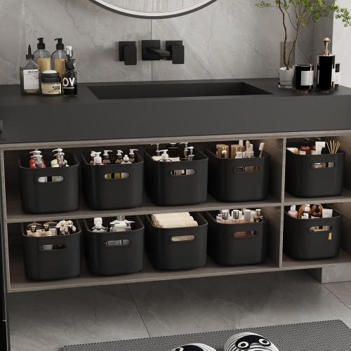 10 Pack Black Plastic Storage Bins, Storage Container for Organizing, Storage Boxes with Handle for Shelves, Cute Organizer Bins for Craft, Snacks, Pantry, Cabinet, 9.69x6.7x5.7 inch