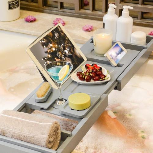 Bath Caddy Tray for Bathtub - Bamboo Adjustable Organizer Tray for Bathroom with Soap Dish Suitable for Luxury Spa or Reading(Bluish Grey)
