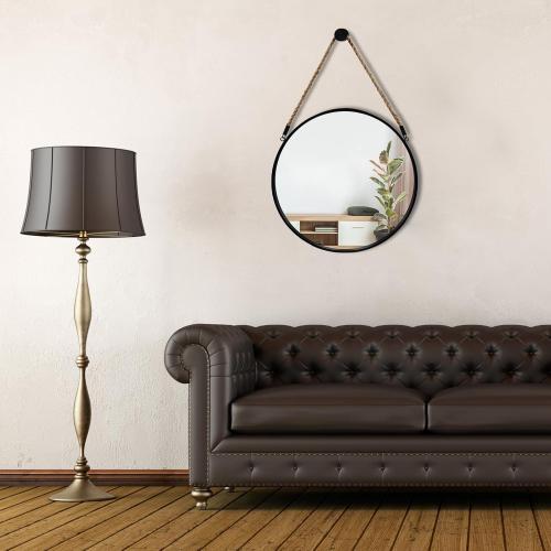POZINO Round Mirror, 15 Rope Hanging Mirror, Farmhouse Circle Mirrors, Black Metal Frame Wall Mirrors for Bathroom, Bedroom, Living Room, Entryway, Fireplace, Home Decor