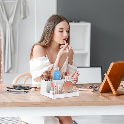 Toothbrush Holder for Bathroom with 2PCS Qtip Holder Dispenser, 3 Slot Bathroom Accessories Holder Floss Cotton Swab Holder Bathroom Vanity Tray for Perfume Comestic Organizer Counter Storage, White