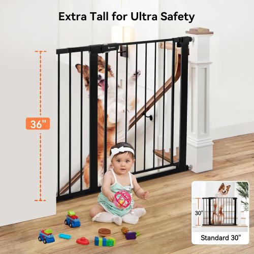 COMOMY 36 Extra Tall Baby Gate for Stairs and Doorways - Fits 29.5 to 48.8 Wide Openings, Auto Close Extra Wide Dog Gate for House, Pressure Mounted Easy Walk Through Pet With Door, Black