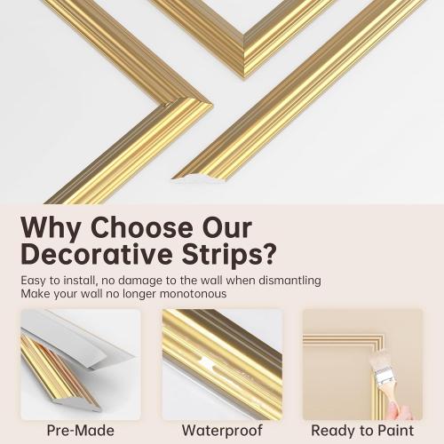 DODOKIE Peel and Stick Wall Molding Kit of 3pcs, Pre Cut Wall Wainscoting Panels for Interior Wall Décor Living Room Decoration, Self-Adhesive Waterproof Paintable Ready to Assemble Gold（24 * 78 in）