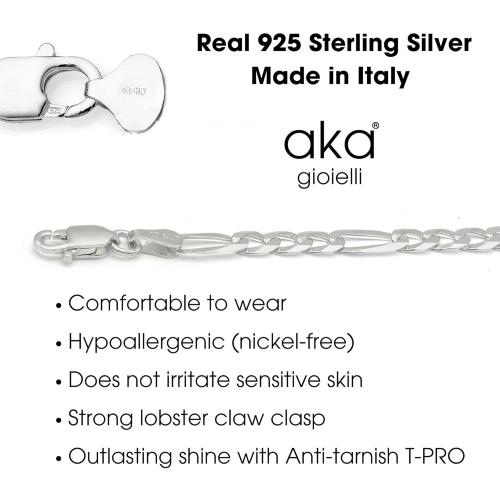 Aka Gioielli - Italian 925 Sterling Silver 7mm Diamond-Cut Figaro Link Chain - Solid Sterling Silver Necklace for Men and Women - Made in Italy