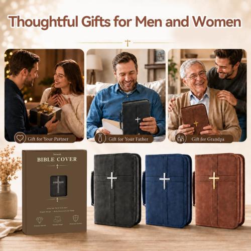 PU Leather Bible Cover, Men & Women, Cross Design & Pockets, Brown