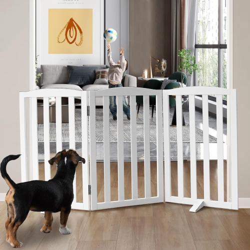 Freestanding Dog Gate Indoor,Doggie Gate Foldable Dog Gates for Doorways,Stairs or Hallways, Wooden White Pet Gate for The House, Pet Fence with Support Feet Included,32 Height-3 Panels