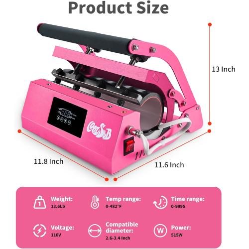 Tumbler Heat Press Machine, Mug Press Machine for 20oz 30oz, Sublimation Blank Skinny Tumbler Glass Jar Can 11-16oz Mugs, Heat Transfer Print for Sublimation Tumblers, Cups, Mugs Hot Pink
