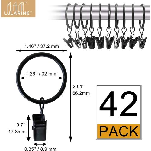 42 Pack Curtain Rings with Clips 1.26 Interior Diameter,Metal Drapery Ring with Clips Compatible with up to 1 inch Drapery Rod,Strong Vintage Decorative Rustproof Drapery Ring with Hooks(Black)