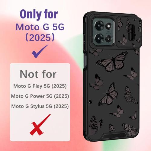 for Moto G 5G 2025 Case - Women Girls Cute Phone Cover Girly Pretty Aesthetic Black Butterfly Unique Design with Camera Cover and Ring Stand Funda for Motorola G 5G 2025