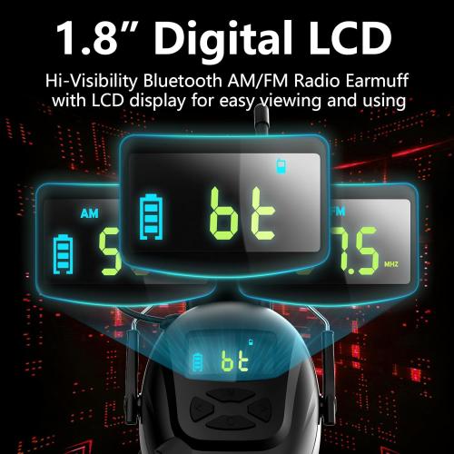 Bluetooth 6.0 AM/FM Hearing Protection, Radio Headphones with Digital Display, 30 SNR Noise Reduction Safety Earmuffs with Rechargeable 2000 mAh Large Battery, Ear Protector for Mowing Lawn Work