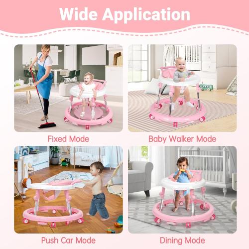 Pink Baby Walker Foldable with 9 Adjustable Heights, Baby Walker with Wheels Portable, Infant Toddler Walker for Baby Boy Girls 6-18 Months (Pink)