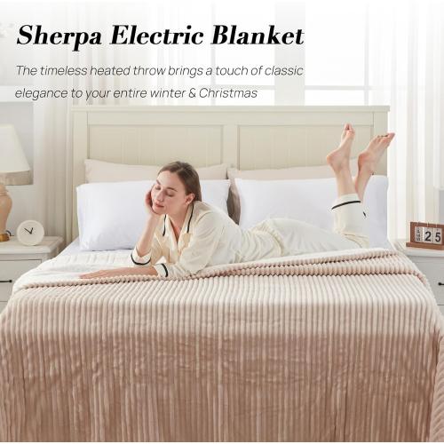 Westinghouse Electric Blanket Twin, Soft Ribbed Flannel to Sherpa Heated Blanket with 10 Heating Levels & 1-12 Hours Auto Shut Off, Fast Heating & Machine Washable, 62x84 Inch, Beige