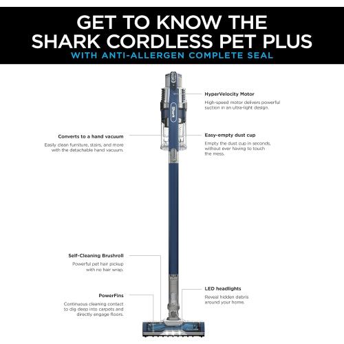 Shark Cordless Pet Plus Vacuum with HEPA Filter, Powerful Suction, Lightweight, 40min Runtime, Anti-Allergen Complete Seal, PowerFins, Self-Cleaning Brushroll, for Carpets & Hardfloors, Blue, IZ361H