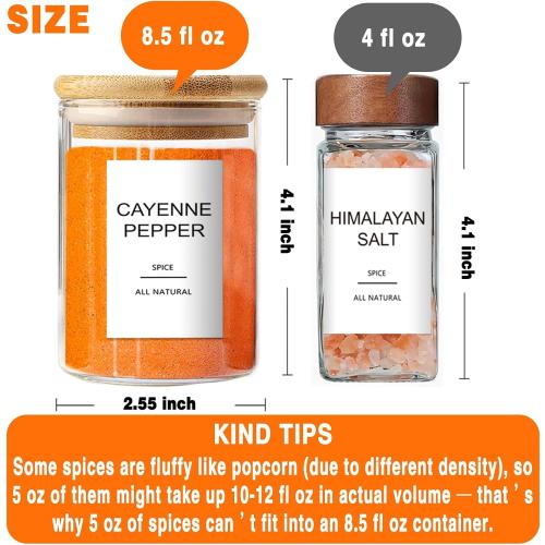 12 Pcs Glass Spice Jars with Bamboo Airtight Lids and 191 Labels - 8.5oz Small Food Storage Containers for Kitchen, Seasoning, Coffee, Herb - Spoon and Marker Included