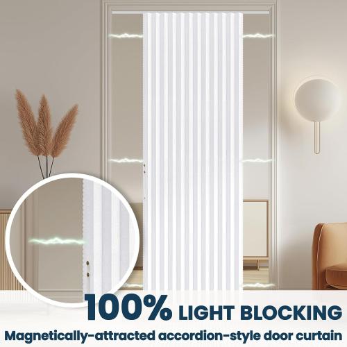 AJAZZ 100% Blackout Magnetic Door Curtain Patio Door Curtain Invisible Folding Door for Bedroom Living Room Accordion Doorway Sets Included Tracks (1 Pack, 72W x 79 L, White)