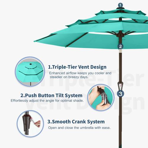 10FT Patio Umbrella 3 Tiers Outdoor Market Umbrella w/Push Button Tilt, Crank, UV and Waterproof Table Umbrella for Garden, Pool, Backyard, Deck, Lawn, Turquoise Blue