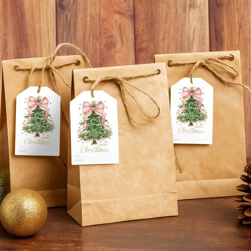 Teling 50 Pcs Christmas Gift Tags with String Pink Bow Merry Christmas Paper Gift Tags Xmas Hanging Label for Happy Holiday for Presents, Modern Paper Xmas Label(Pink Bow)