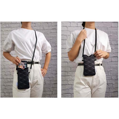 Tainada Men Women Neoprene Phone Sleeve Pouch Case Bag w/Crossbody Strap/Neck Lanyard for iPhone 17/16/15 Pro Max, Air, 16e, 16/15 Plus; Samsung S26, S25, A57, A56 (Black Geometric Pattern)