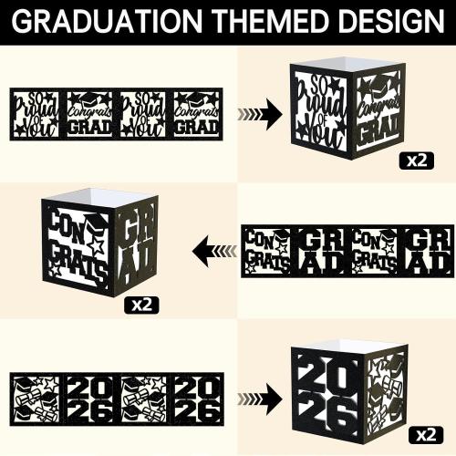 6 Pcs Graduation Table Centerpieces Boxes Class of 2026 Black Square Graduation Paper Lanterns with String Lights Hollow Out for Congrats Grad School College Table Decorations Grad Party Photo Props