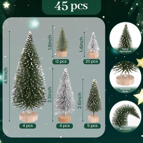 LOVEINUSA 45PCS Colorful Mini Christmas Trees, Snow Frosted Sisal Bottle Brush Trees with Wooden Base for Xmas Winter Home Table Decoration