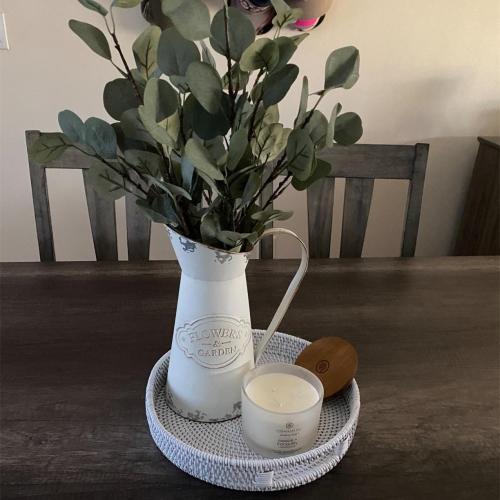 Round Rattan Tray, Decorative Coffee Table Trays, Ottoman Tray, Woven Serving Tray with Handles, Wicker Serving Basket, Whitewash