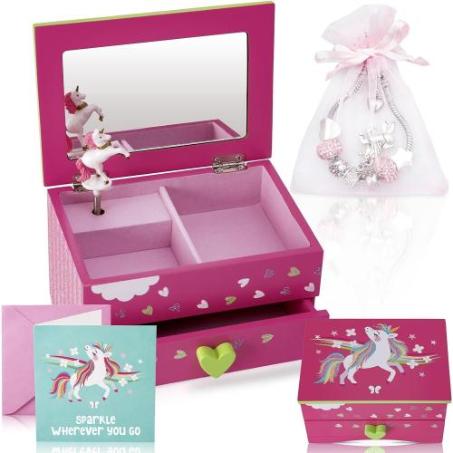 Pink Amitié Lane Unicorn Musical Jewelry Box for Girls - Unicorns Gifts For Girls - Music Box For 5 Year Old Birthday Gifts or Ages 6, 7, 8, Kids Jewelry Box, Unicorn Bedroom Decor For Little Girl (Pink)