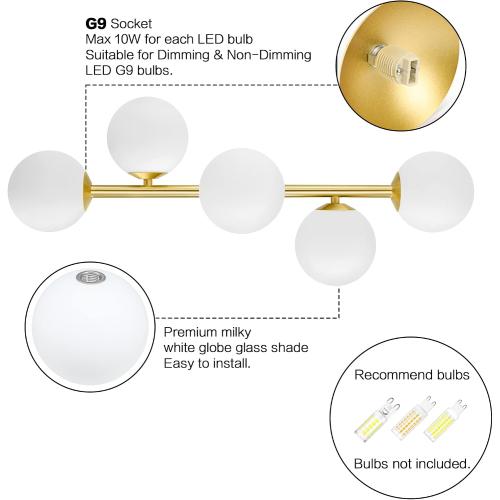 Bathroom Vanity Lights, 5-Light Bathroom Light Fixtures, Mid Century Modern Brass Bathroom Light Ceiling Light, Wall Sconces Semi-Flush Mount Light Fixture with Milk Globe Glass, Brass Gold, G9 Base