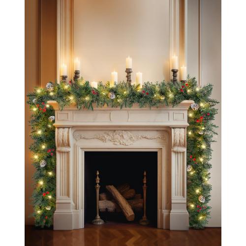 Pre-lit Christmas Garland, 9FT Lighted Christmas Garland Indoor with Red Berries & Pine Cone for Stairs Wall Door Outdoor Holiday Decor with Battery Operated Timer, Artificial Xmas Garland