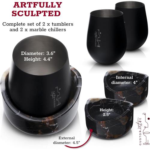 Gusto Nostro Marble Wine Chiller for Glass and Stainless Steel Tumbler Set of 2 - Wine Glass Chiller Holder for Freezer - Cool Set of Two Chillers & Stemless Wine Metal Tumblers for Home, Bar (Black)