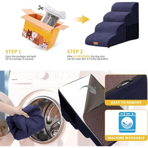 Dog Stairs for Small Dogs,4-Step,Foam Dog Steps&Ramps for Couch/High Beds with Waterproof &Removable Cover, Non-Slip, Blue