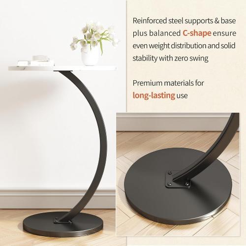 C Shaped Side Table End Table Round Small Side Table,White & Black | C Shaped End Table Metal Frame for Sofa Bed Couch Living Room Bedroom Small Spaces Bedside TV Tray Accent Nightstand Table
