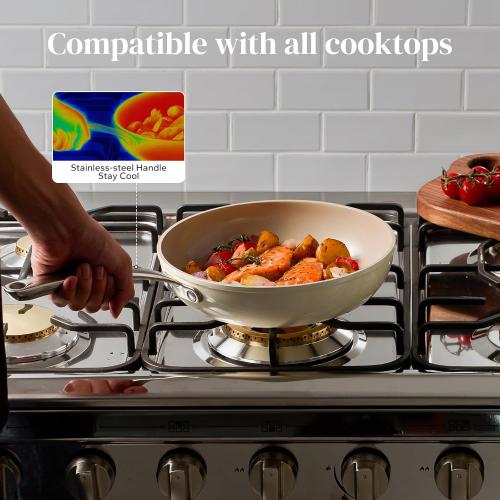 Redchef Ceramic Non Stick Frying Pans Skillet, Omelette Egg Pan with Stay Cool Handle, Ceramic Chef Pan for Cooking Non Toxic, PFOA & PFAS Free, Induction Compatible, Dishwasher Safe(Beige, 9.5-Inch)