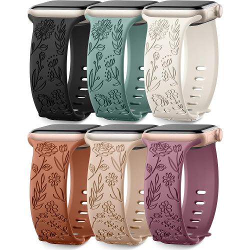 SNBLK 6 Pack Floral Engraved Bands Compatible with Apple Watch Bands 40mm 41mm 42mm 38mm 44mm 45mm 46mm 49mm Women Men, Silicone Flower Pattern Strap for iWatch Series 11 10 Se Ultra 9 8 7 6 5 4 3 2 1