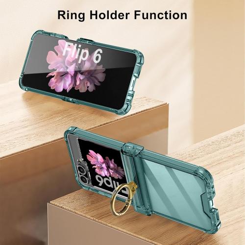 for Samsung Galaxy Z Flip 6 Clear Case Luxury Hinge Protection with Ring Holder & Screen Protector Soft All-Inclusive Shockproof Cover (Green)