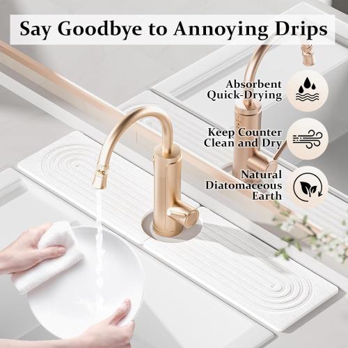 Faucet Mat for Kitchen Sink ，Water Absorbing Stone Tray for Sink，15.7 inches Long Diatomite Fast-Drying Faucet Mat， Faucet Splash Guard for Bathroom Counter