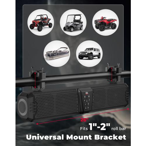 KEMIMOTO Midnight 60 26-inch UTV Sound Bar Waterproof IP66, 65Hz Deep Bass, APP Control Multicolor Lights, Metal-Built Soundbar Bluetooth for ATV Golf Cart Marine Boat fits 1-2 Roll Bar