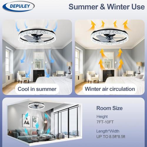 Depuley Bladeless Ceiling Fans with Lights: 20 Black Modern Low Profile Flush Mount Ceiling Fan with App Remote Control - Bedroom Enclosed Crystal Fandelier with Dimmable LED for Living Room Kitchen