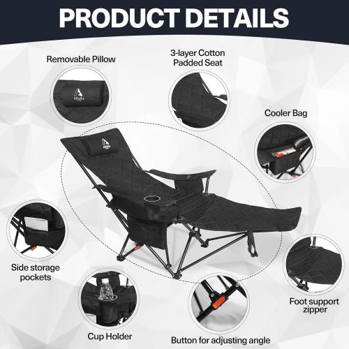 2025 Upgraded 2-in-1 Reclining Camping Chair with Footrest, Folding Beach Lounge Chair with Adjustable Backrest & Cooler, Portable Lawn Chairs for Adults Heavy Duty for Outdoor Sports