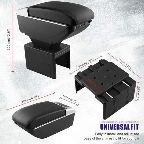 Armrest Box Double Layer Front Center Console Black Leather with Charging 7 USB Ports for Universal Car