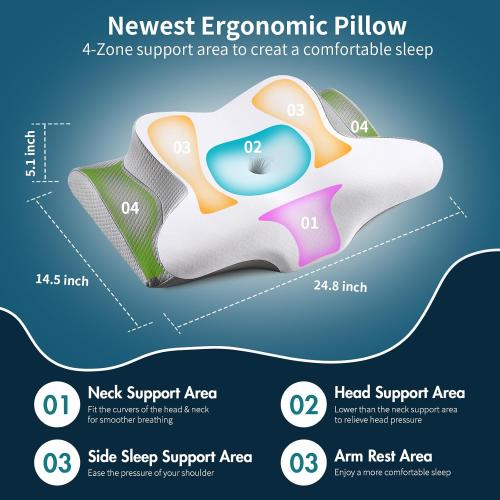 White and Grey Neck Pillow Cervical Memory Foam Pillows, Cooling Contour Pillow for Neck Pain Relief, Ergonomic Orthopedic Bed Pillow for Side Back Stomach Sleepers with Breathable Pillowcase