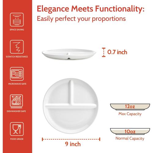 Sweese Porcelain Division Dinner Plates Set of 2, 9 Inch Divided Plates for Adults, Balanced Meal Building - White