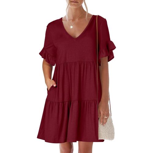 Size M ANRABESS Dresses for Women Summer 2026 V Neck Ruffle Sleeve A Line Tiered Flowy Casual Trendy Mini Beach Dress with Pockets