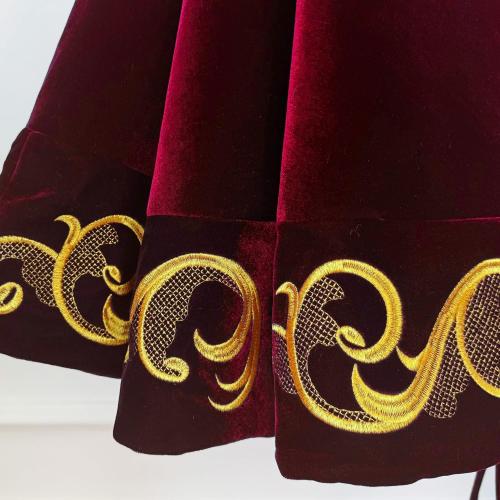 70 Inch Velvet Christmas Tree Skirt with Golden Swirl Embroidery and Lace Tie Closures, Burgundy