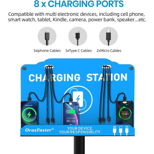 Floor Standing Cell Phone Charging Station Multi-Device Station with 8 Charger Ports Compatible with Smartphones Tablets Application for Schools, Office, Shopping Malls