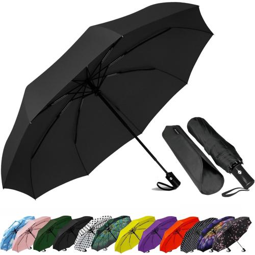 SIEPASA Compact Travel Umbrella - Windproof Auto Open/Close, Small Folding Umbrella for Rain - Lightweight & Durable with Fiberglass Frame, Waterproof Canopy - Fits Backpack, Purse, Suitcase. (Black)