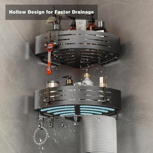 Voldra Corner Shower Caddy Suction Cup, 2 Pack Corner Shower Shelves No Drilling, Aluminum Upgrade Suction Cup Shower Organizer with Towel Bar & Hooks Removable Bathroom Storage Rack(Gray)